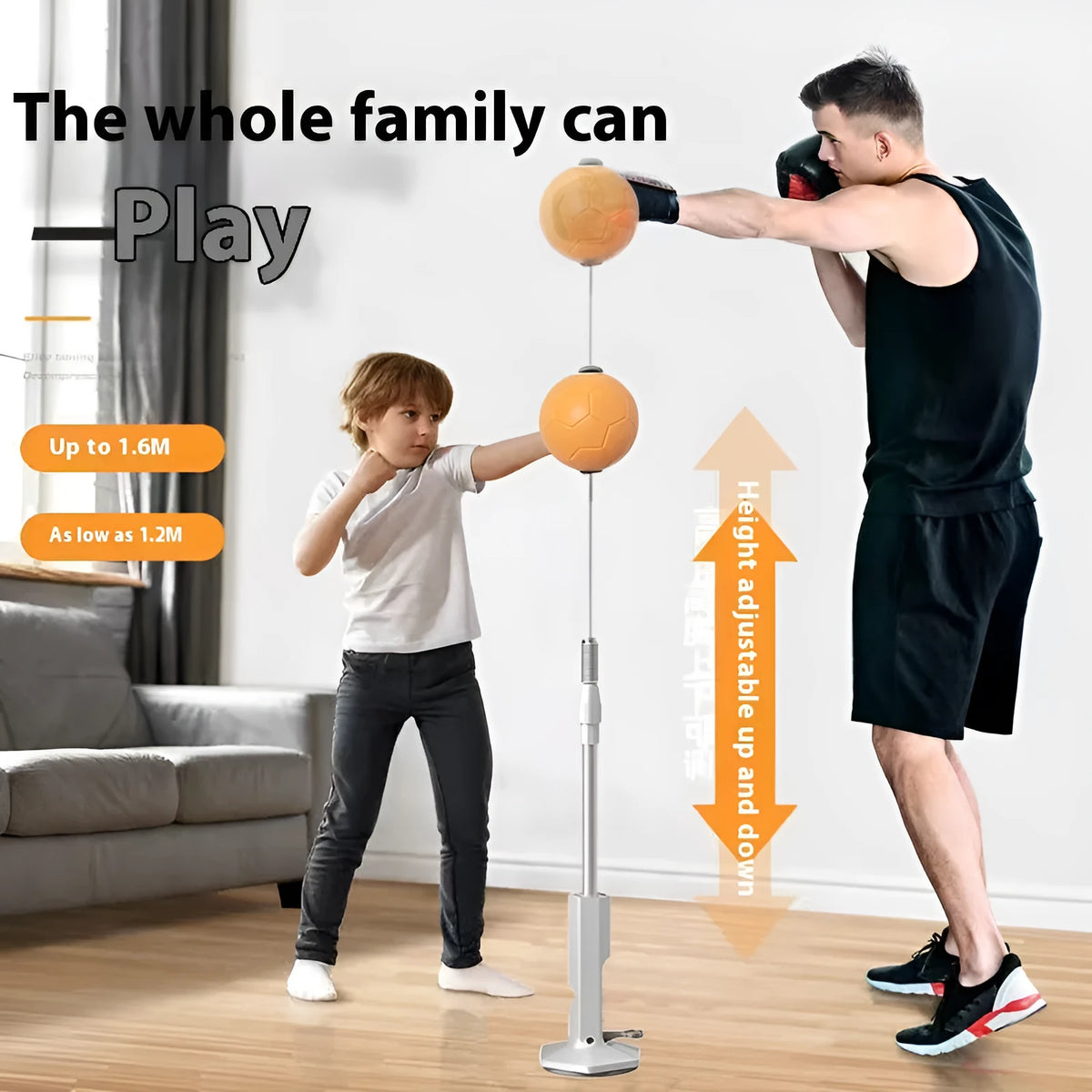 Vertical boxing reaction speed ball system with roly-poly base, focus mitts, and vent sandbag for home training