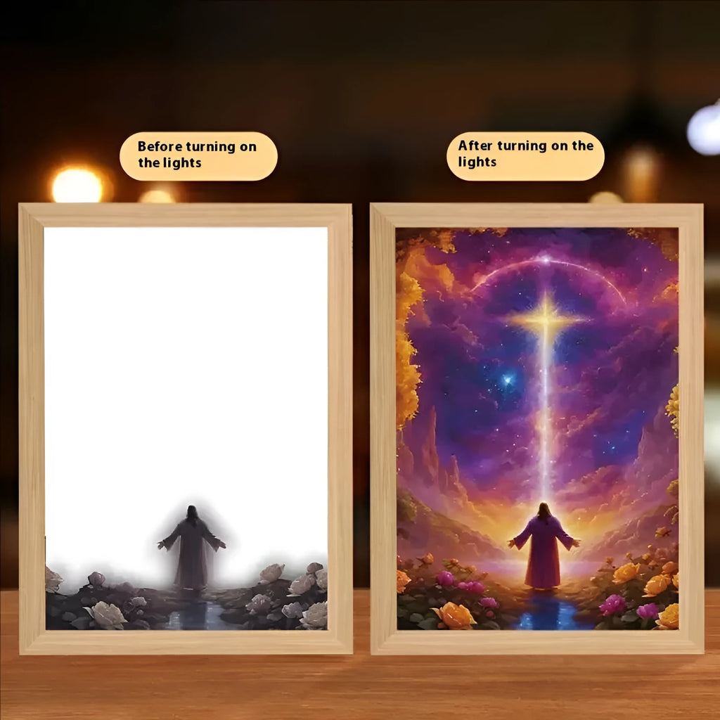 Handmade rectangular light painting digital photo frame displaying spiritual image with USB cable