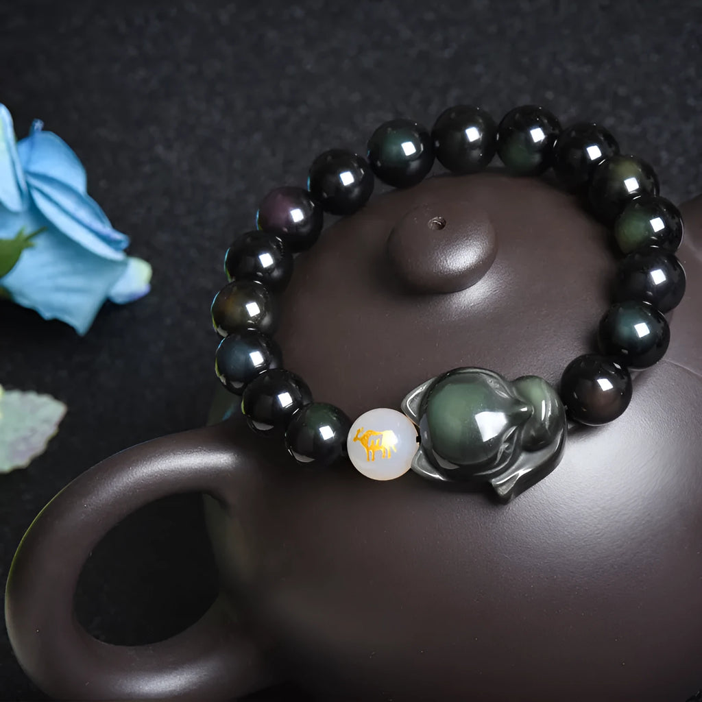 Natural obsidian zodiac guardian bracelet with 10mm gemstone beads in three colour variations