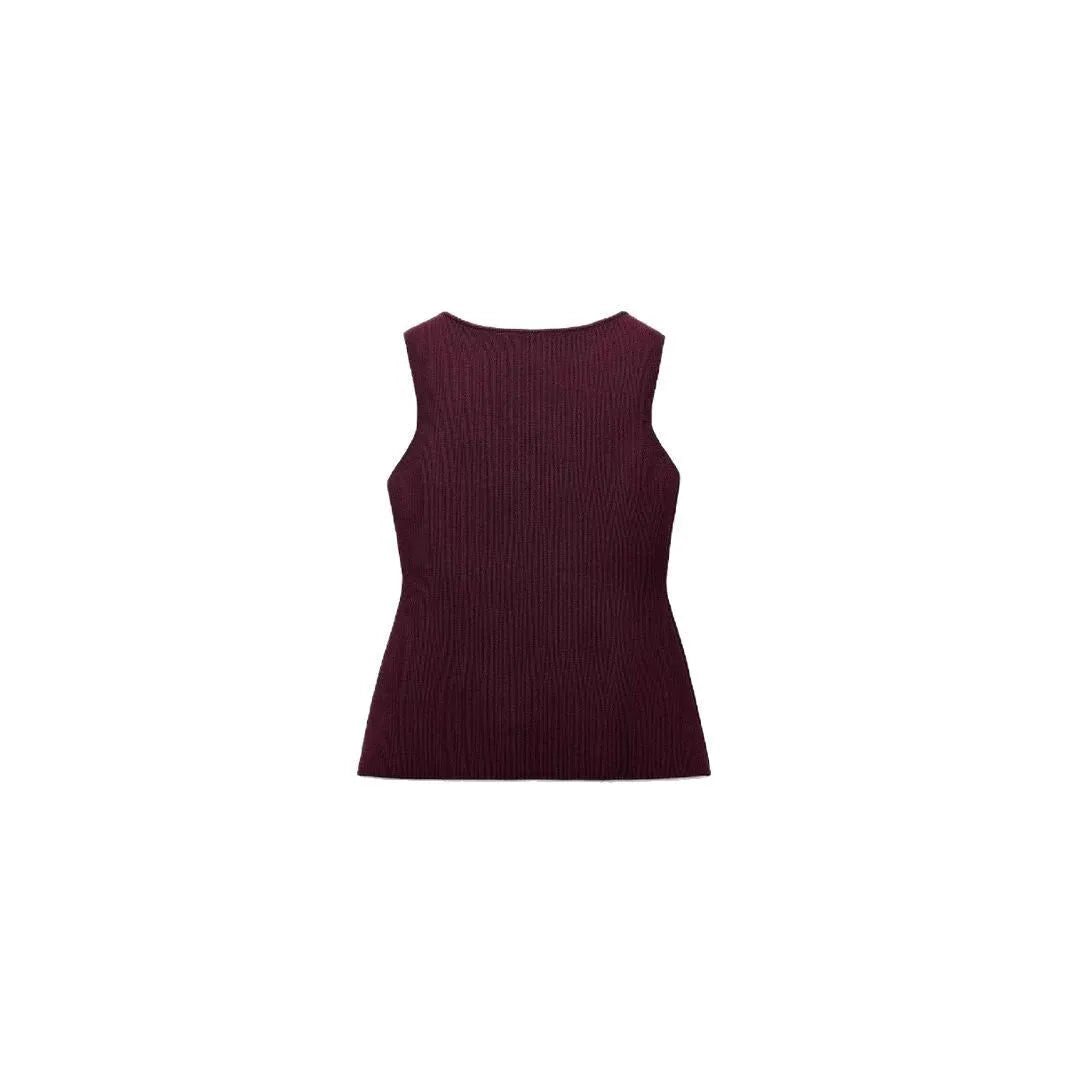 Women's dark red sleeveless sweater vest with gold buttons and slim fit design