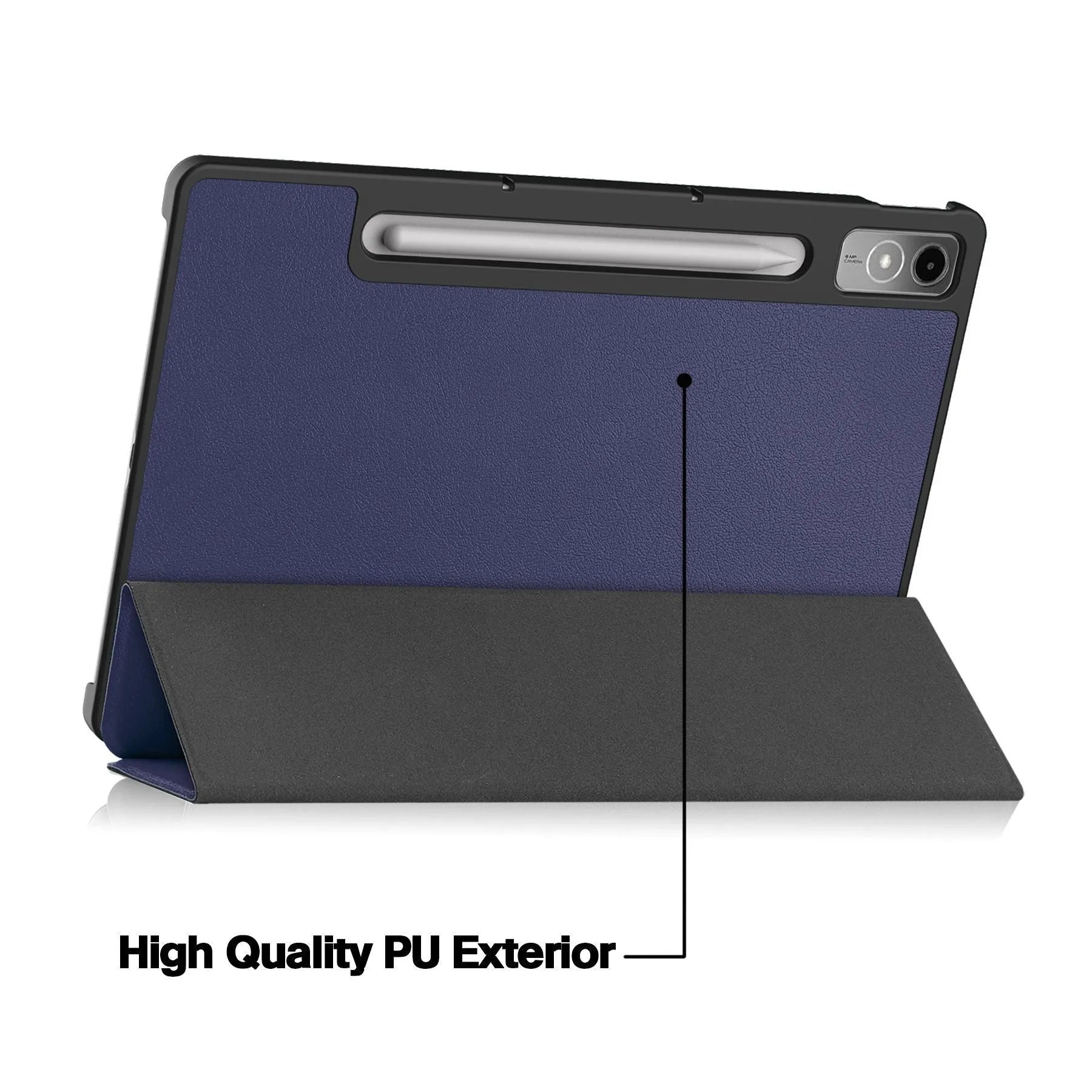 Lenovo Tab P12 tablet case in a selected colour with three-fold stand deployed showing magnetic bracket.