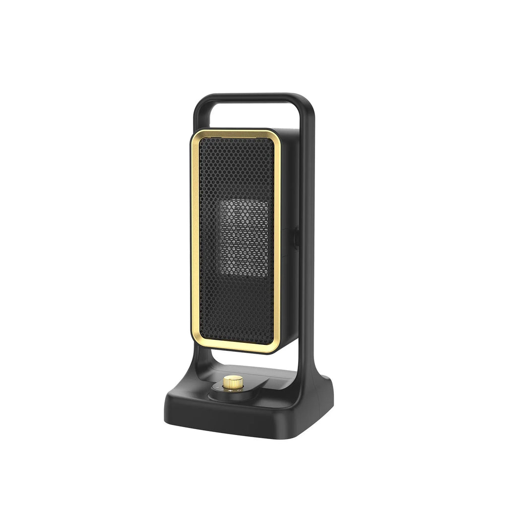 Black desktop PTC ceramic warm air blower heater with control knob, measuring 14.9x11.1x33.5cm.
