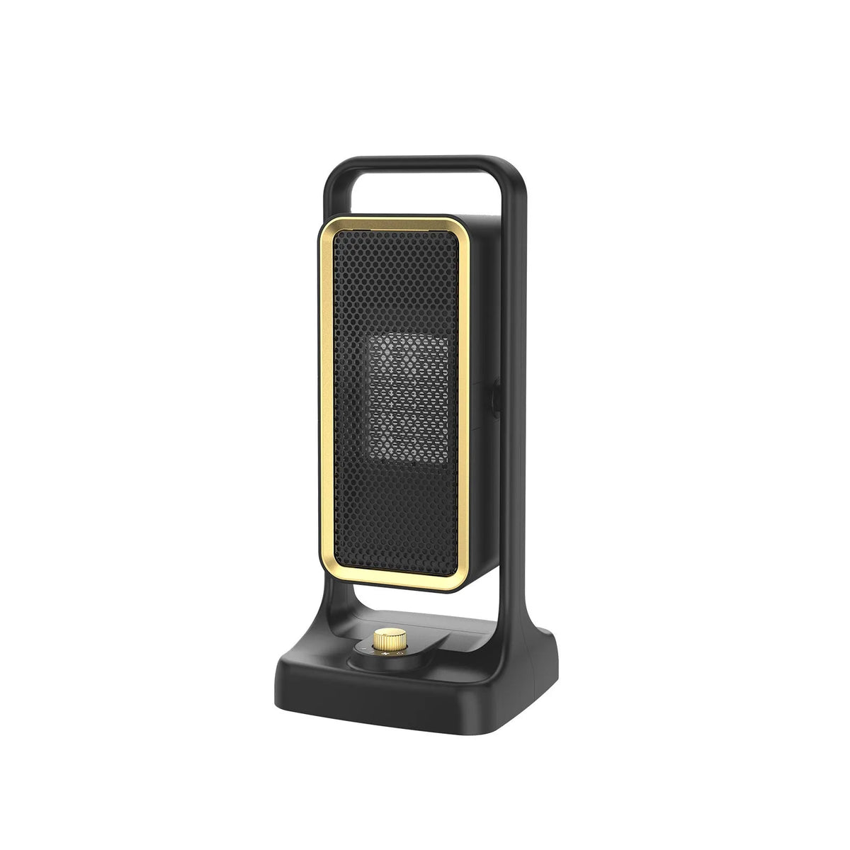 Black desktop PTC ceramic warm air blower heater with control knob, measuring 14.9x11.1x33.5cm.