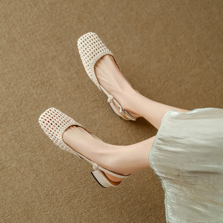 Women's beige woven closed toe sandals with a chunky 4cm heel and belt buckle fastening.