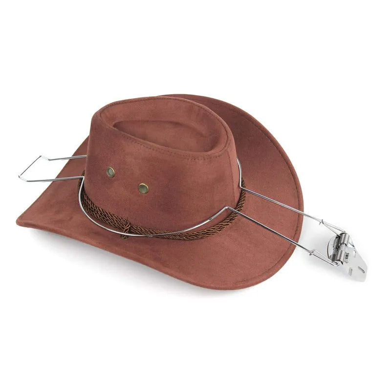 Brown chrome-plated iron car hat stand functioning as a dual coat and hat rack.