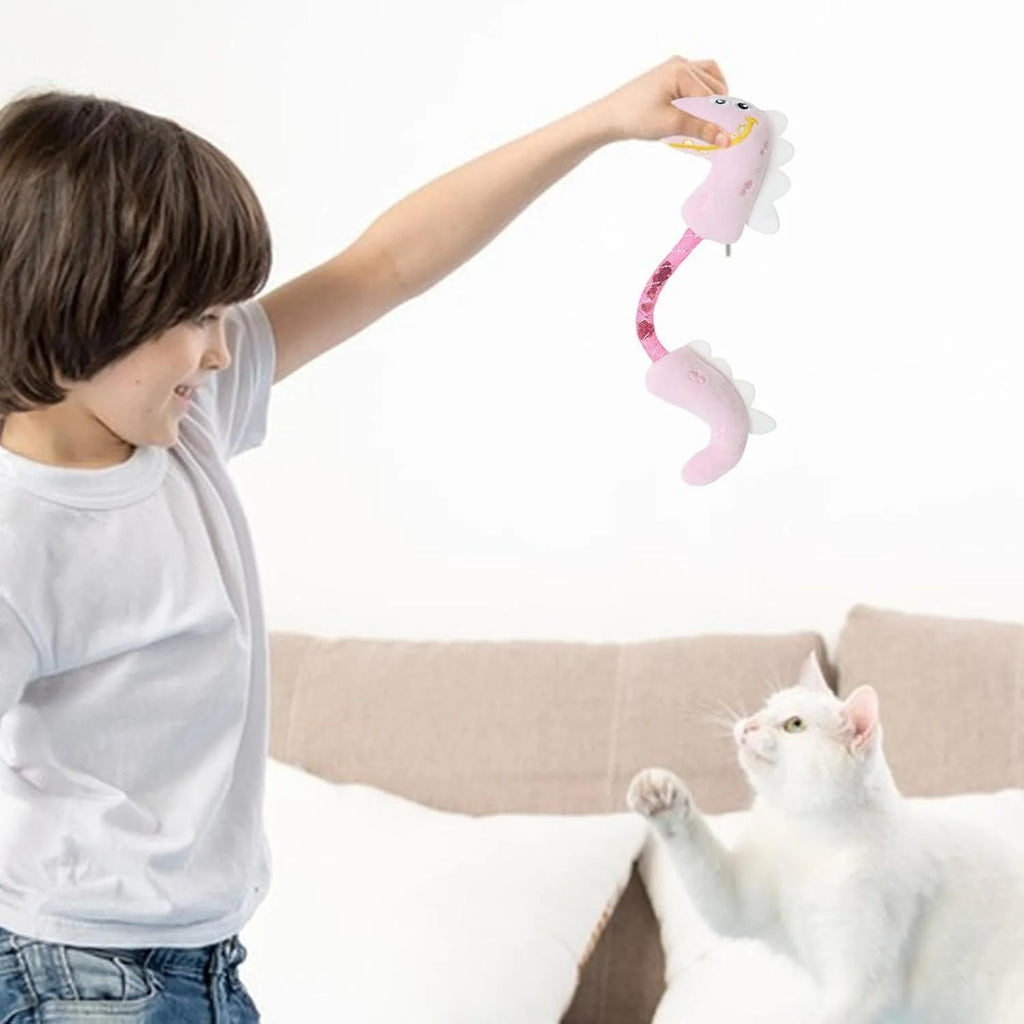 Four cat toys bundle including plush mouse, fish, bunny, and rope toy in pink, purple, or yellow colours