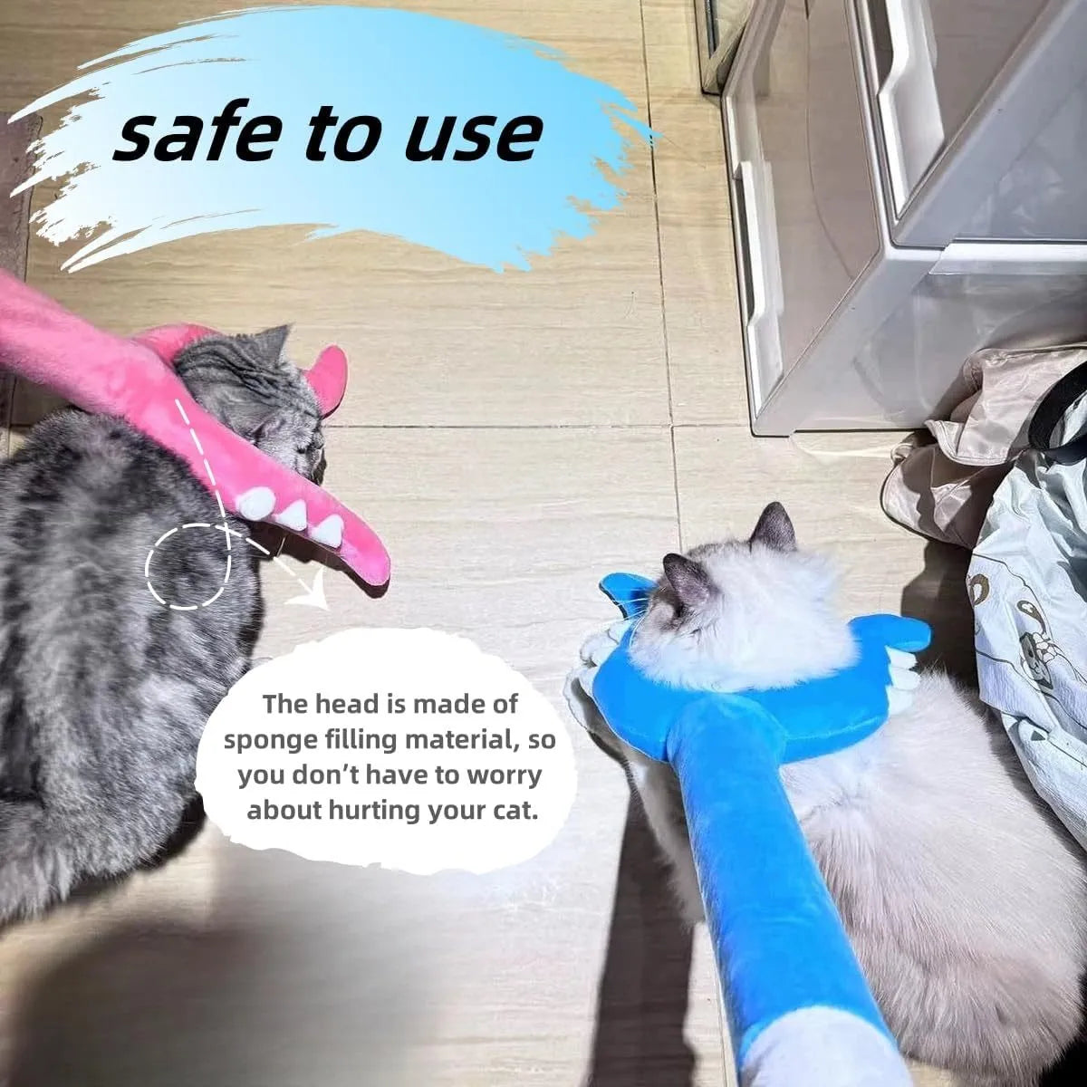 Blue plush cat wand toy with foam-filled tip on a 70cm handle