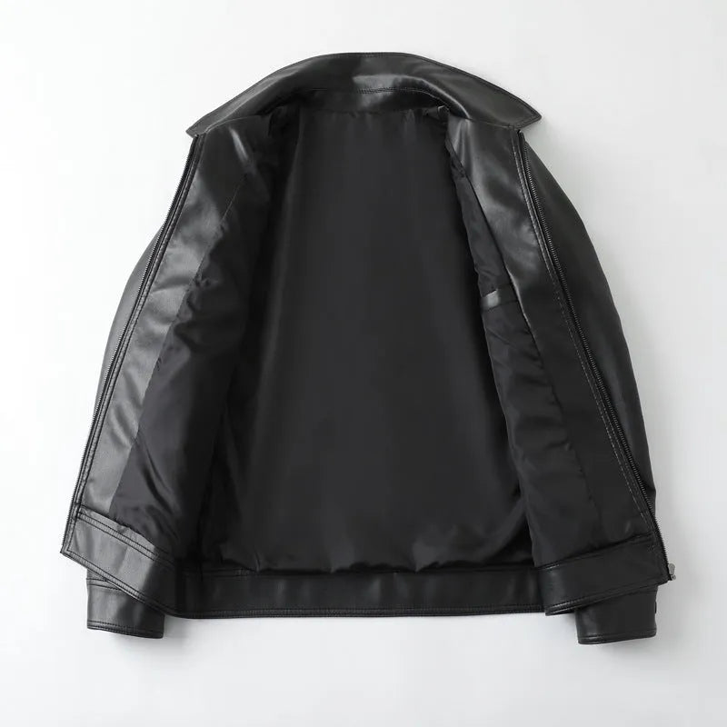 Men's black PU leather jacket with zipper pockets and loose fit casual design