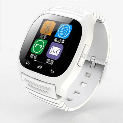 Smart Bluetooth sports watch compatible with Apple and Android phones in white, blue or black
