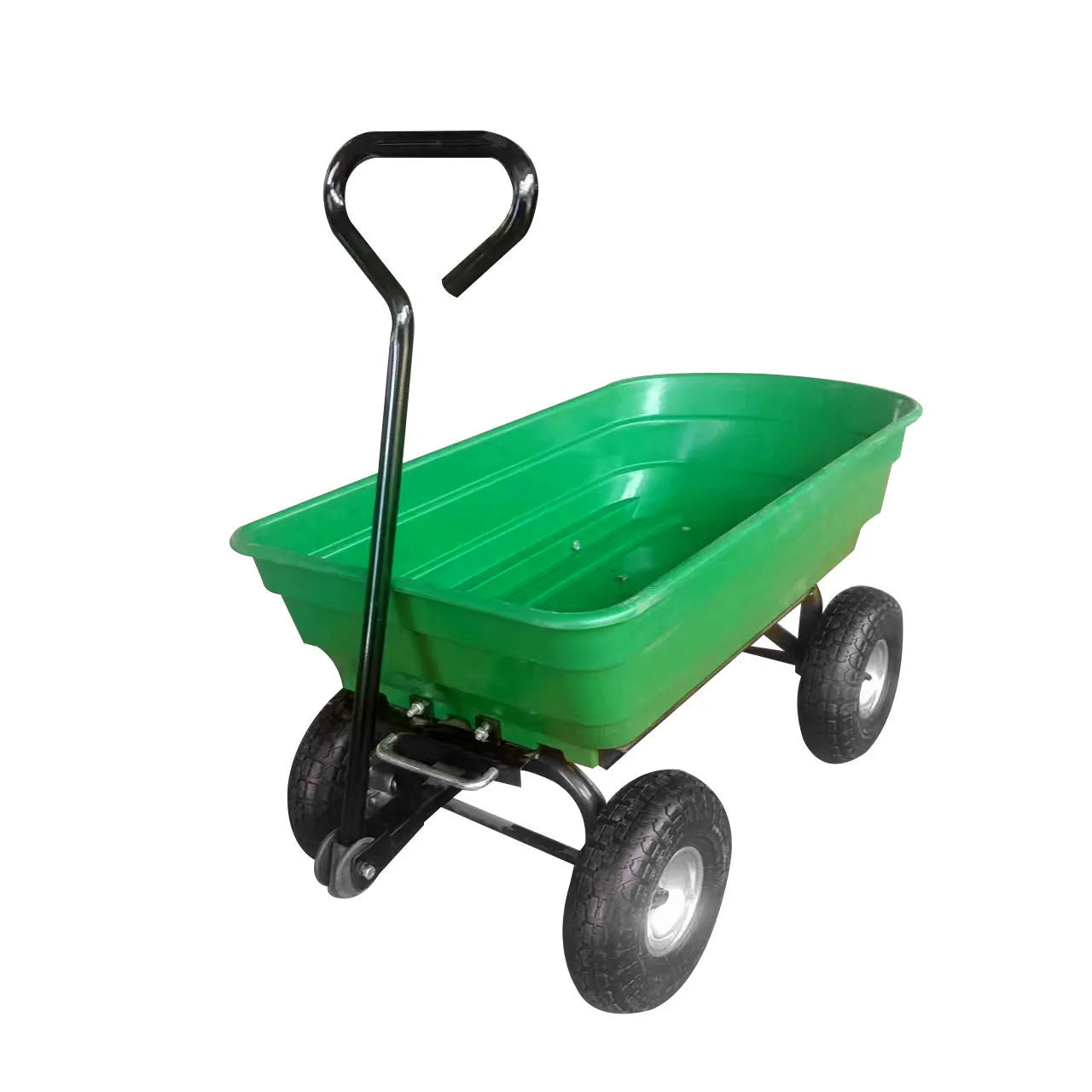 Green four-wheel plastic dumptruck with steel frame and 350kg load capacity