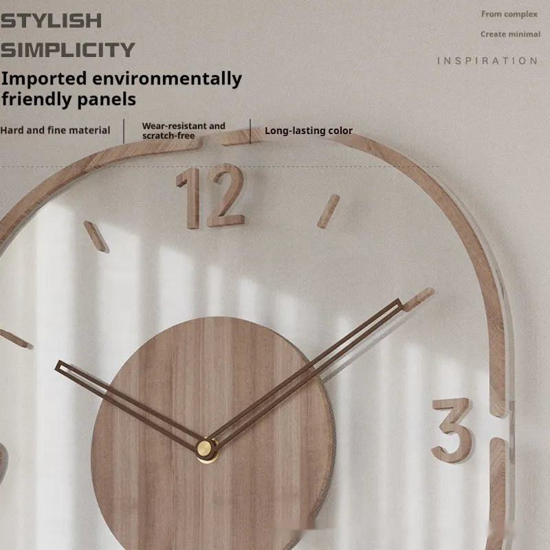 Modern round transparent wall clock with a wooden frame, measuring 35cm by 35cm.
