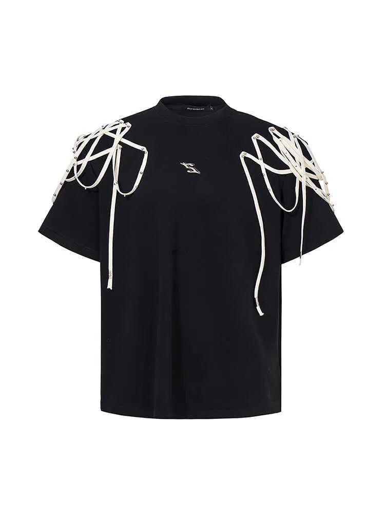 Black loose fit short-sleeved t-shirt with padded shoulder detail and rivet ribbon accents