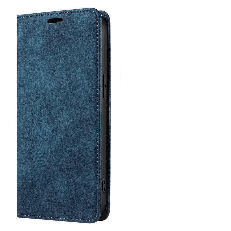 Magnetic flip phone case for iPhone in grey, made from TPU and leather with a solid colour design.