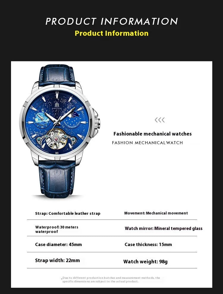 Men's blue dial automatic mechanical watch with 14mm case thickness showing T885B colour variant.