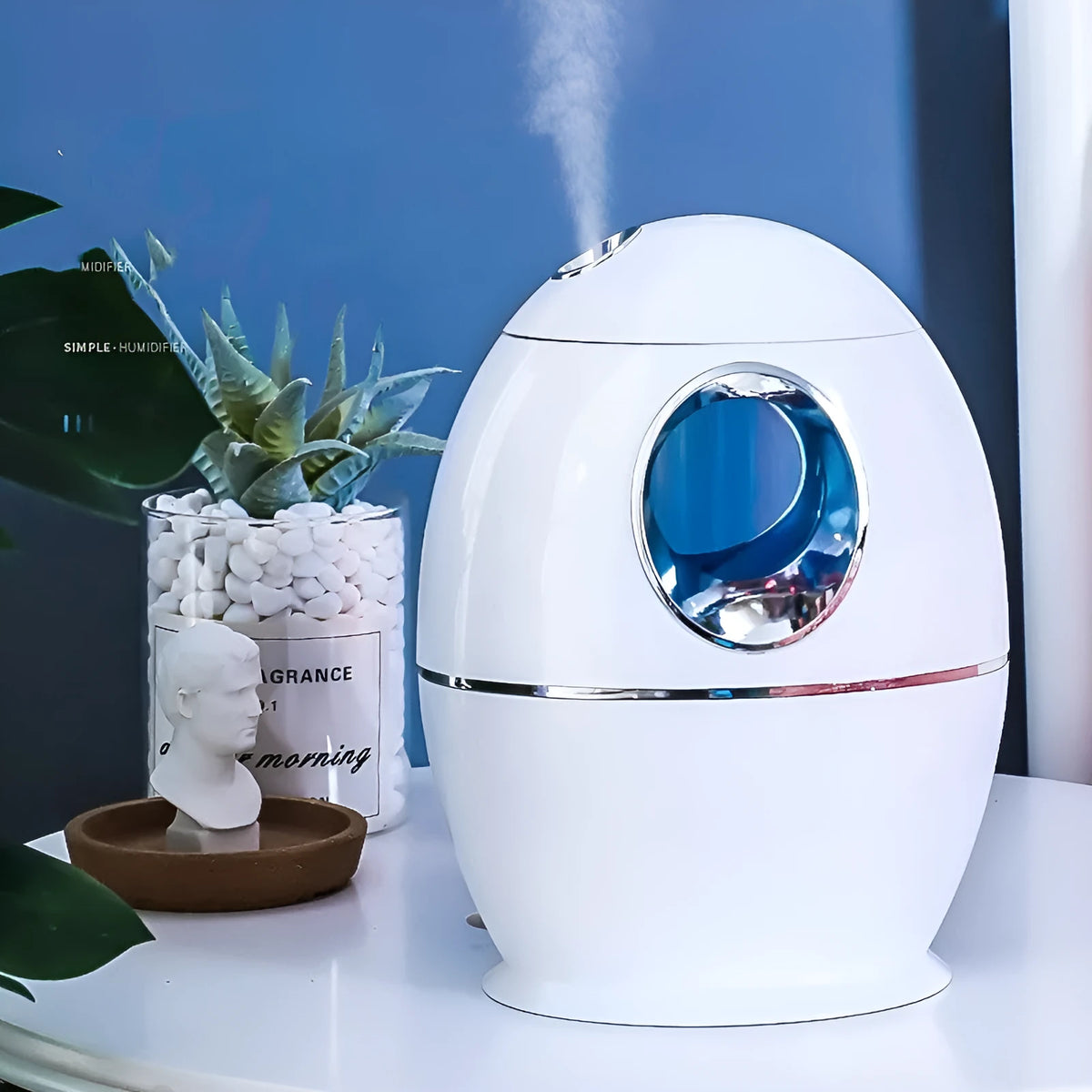 White columnar household air disinfection humidifier with USB cable.