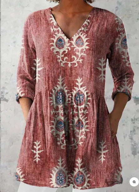 Women's wave pattern printed dress with 3/4 sleeves and loose fit