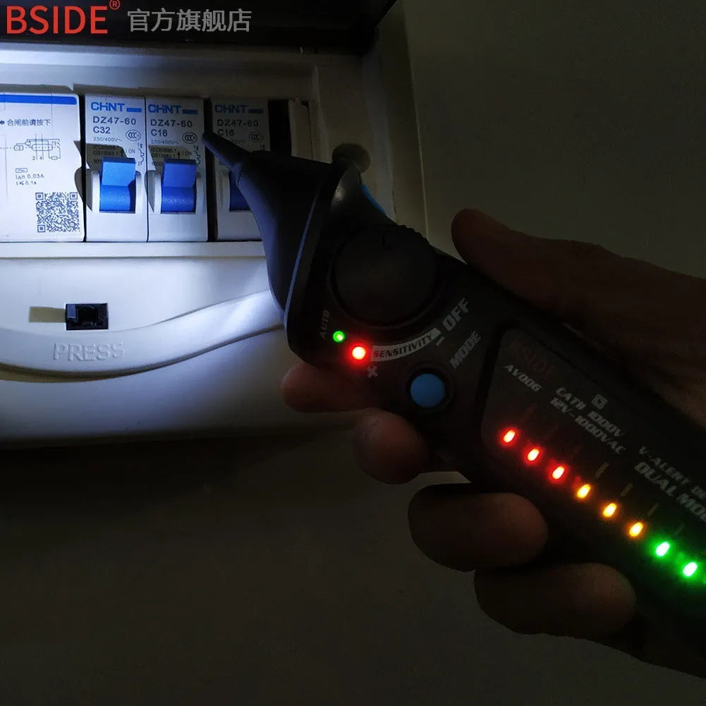 A handheld smart sensor test pencil with a round metal contact tip for high voltage electrical testing.