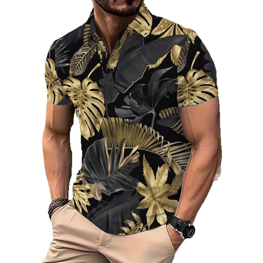 Men's gold shirt with tropical plant pattern print and short sleeves