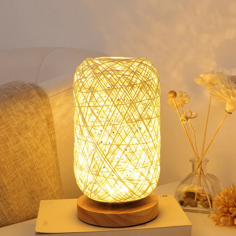 Brown hemp rope wrapped desk lamp with solid wood base and Sepak Takraw ball design