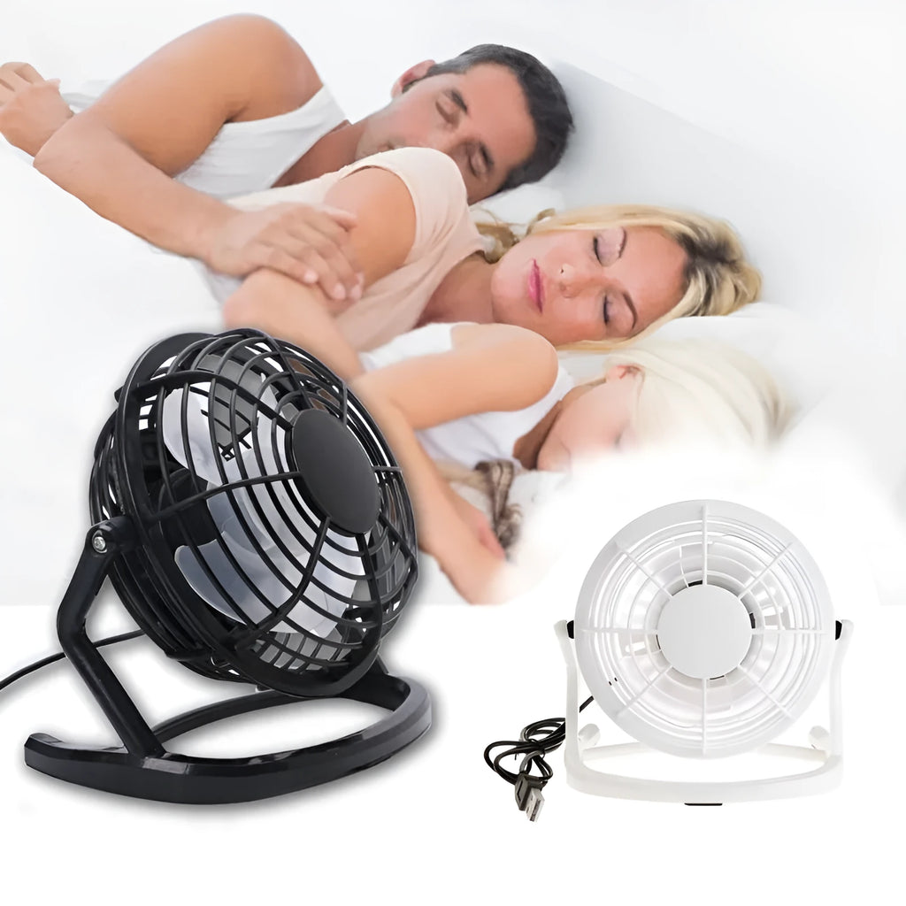 Mini USB desk fan with adjustable tilt in black, white or blue options for laptop and PC cooling
