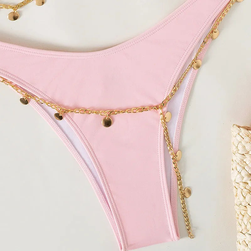Women's two-piece bikini set with polyester fabric, solid colour, bra and panties, sizes S M L
