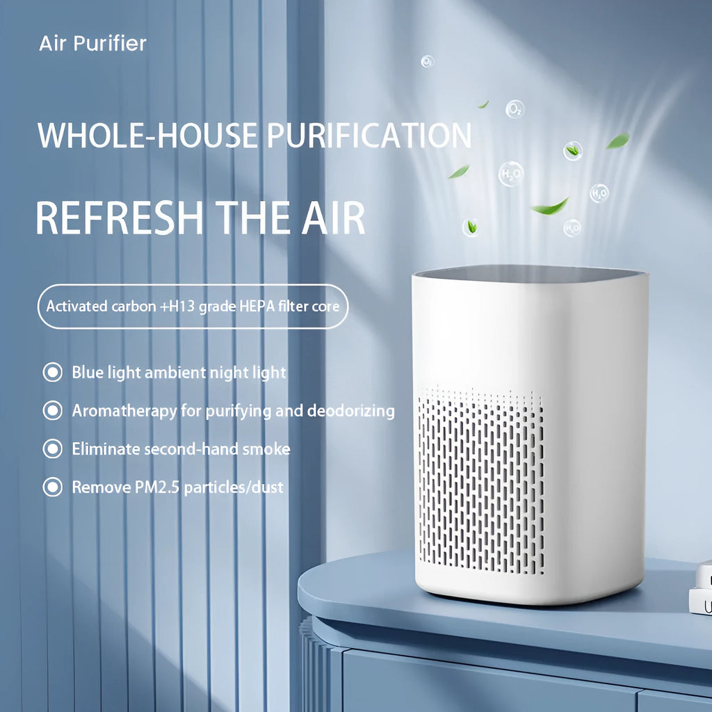 Simple style desktop air purifier with USB power cable for small rooms.