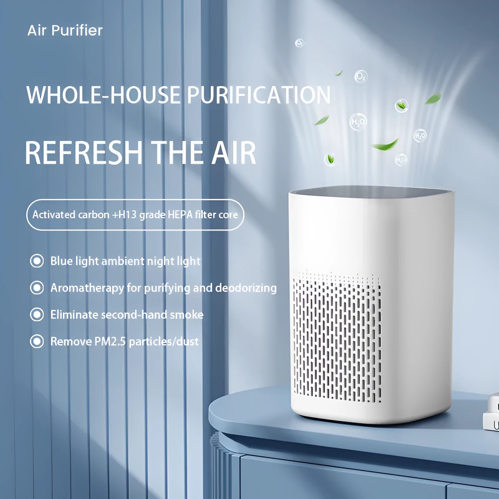 Simple style desktop air purifier with USB power cable for small rooms.
