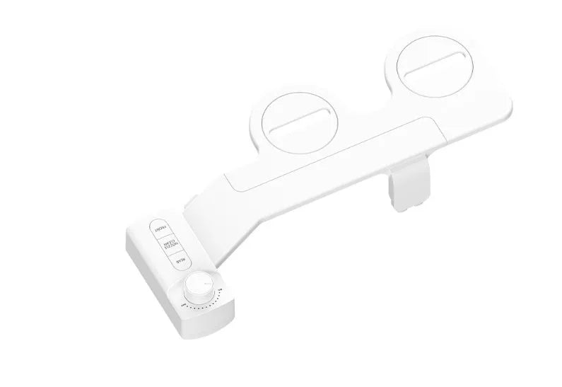 KB06 pure white non-electric wash butt-lifting tool with button, removable nozzle, and three brass adapters on a white background.