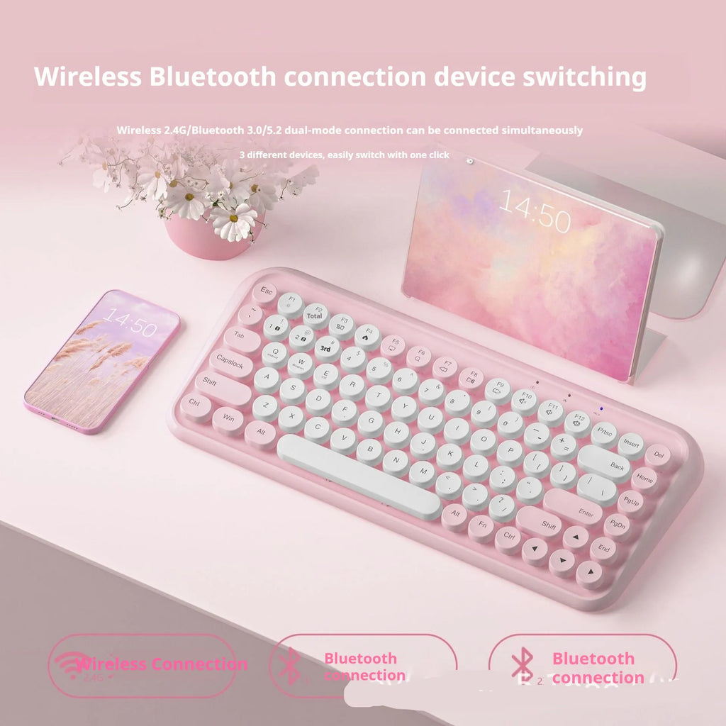 Pink wireless Bluetooth keyboard with 84 keys showing crater architecture buttons