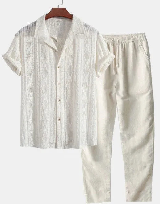 Men's milk silk summer suit set with short sleeve shirt and loose trousers
