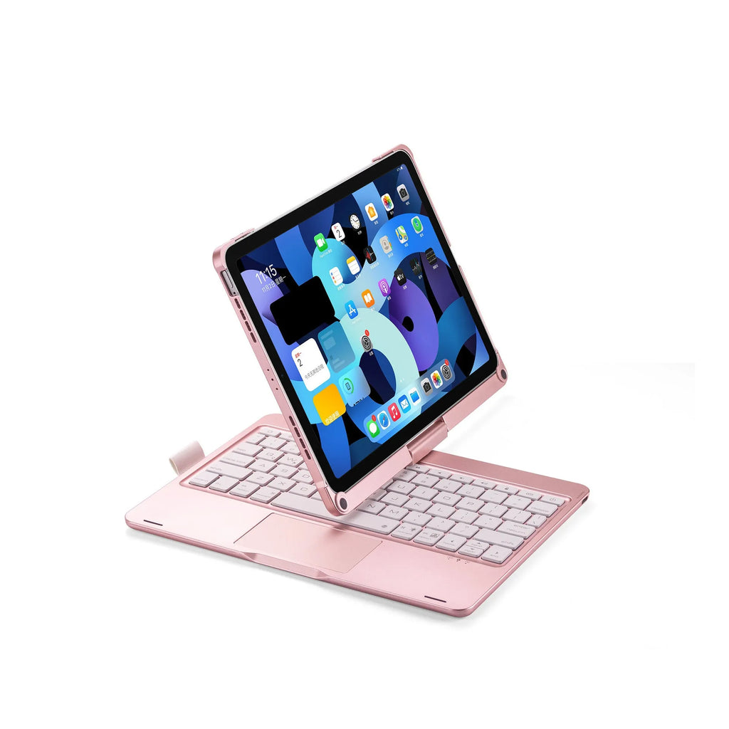 Miaocontrol Bluetooth keyboard with rotating stand holding an iPad tablet