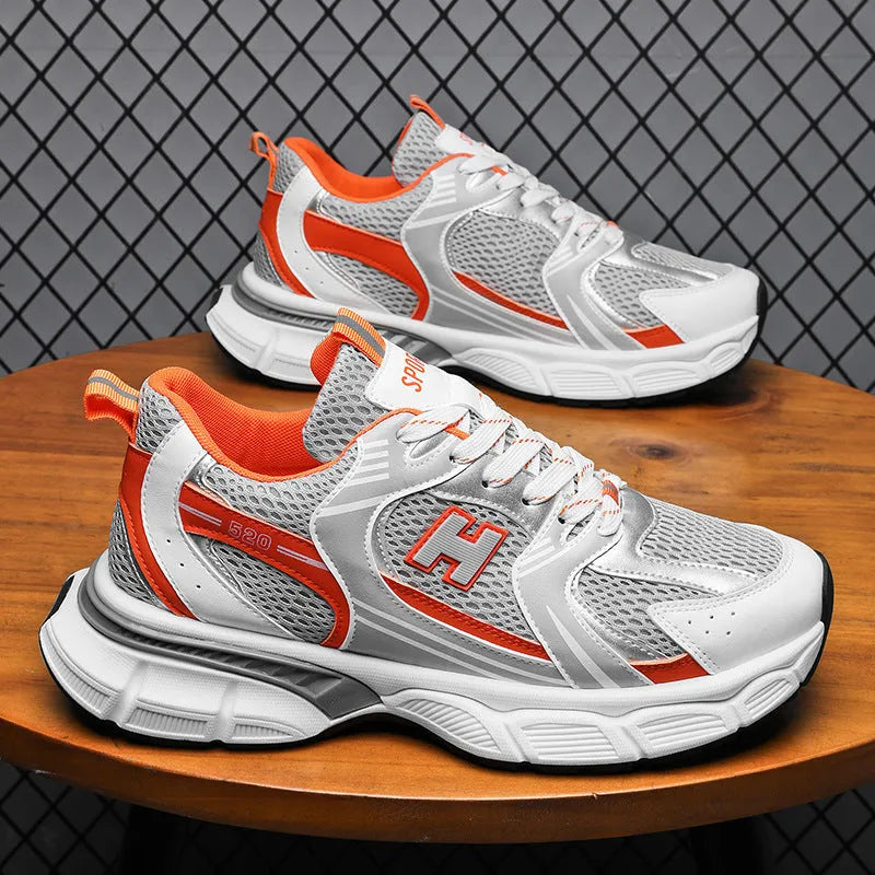 Men's mesh running shoes in three colour options showing round toe design and injection-moulded soles