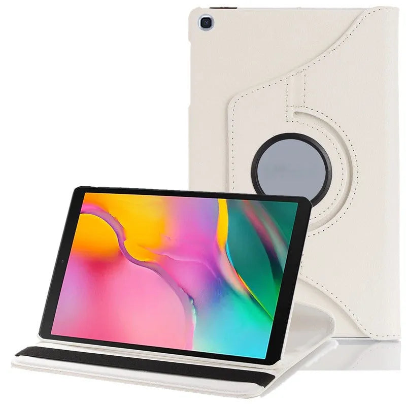 iPad rotating clamshell protective sleeve in imitation leather, shown in multiple colour options.