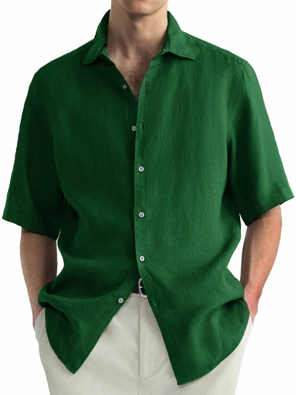 Green men's casual cotton cardigan shirt laid flat, showing regular fit and button front.