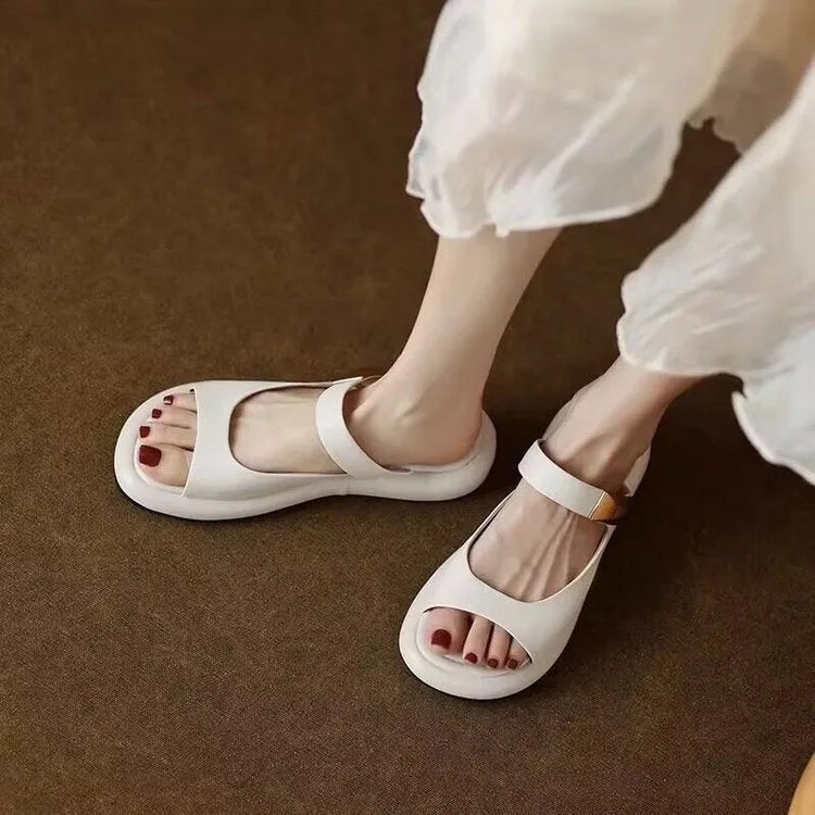 Apricot peep toe flat sandals with French soft leather upper and rubber sole