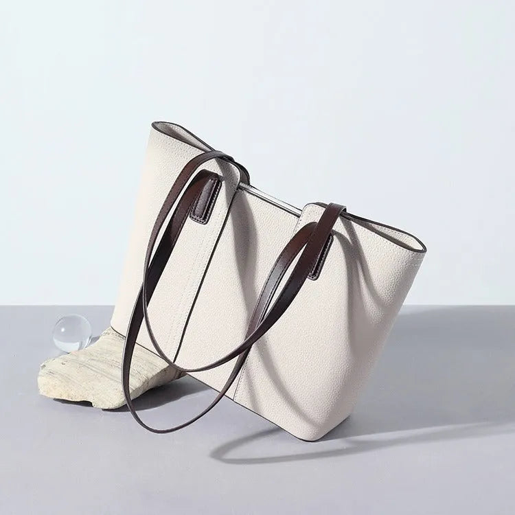 Women's genuine leather commuter shoulder bag in box-type shape with large capacity and multiple pockets