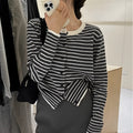 French-style women's striped cardigan in dark grey and white with slim fit and 40cm length