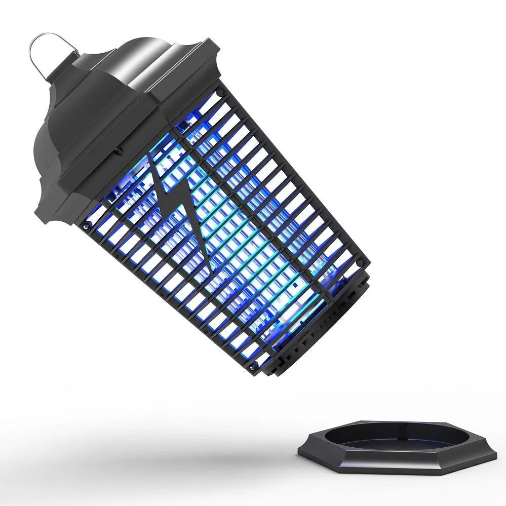 Black outdoor UV mosquito catcher lamp with electric grid and ABS mesh cover.