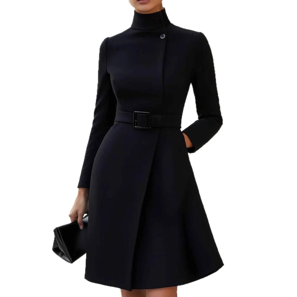 A woman's long sleeve Bohemian style dress with a high waist, stand collar, and zipper closure in black or wine red.