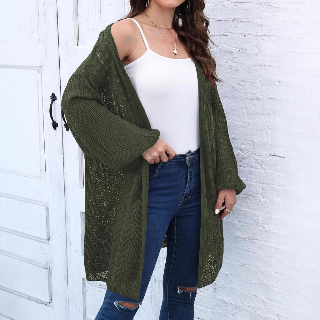Women's loose acrylic sweater coat in army green, shown on a hanger.