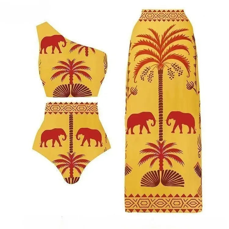 Women's polyester one-piece swimsuit showing multiple colour options including black, yellow, and printed designs
