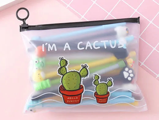 Open plastic case showing twenty 0.5mm black gel pens with cartoon cactus designs for boys and girls.