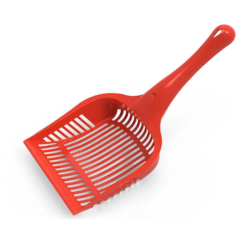 Plastic cat litter scoop in red, yellow and blue colours showing small and medium size options