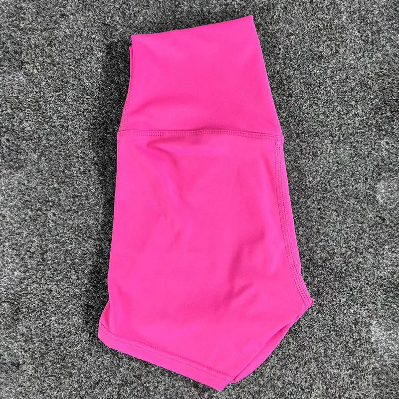 Ladies high-waist yoga shorts in moisture-wicking nylon fabric, shown in various colours