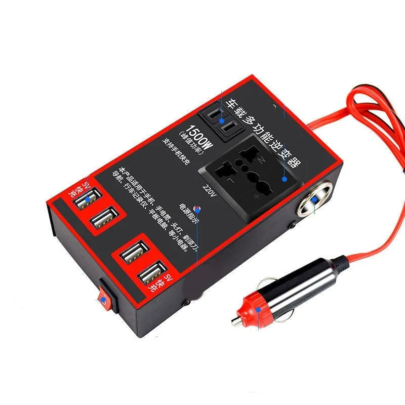Black automotive power converter for cars transforming 12V/24V to 220V with USB charging ports