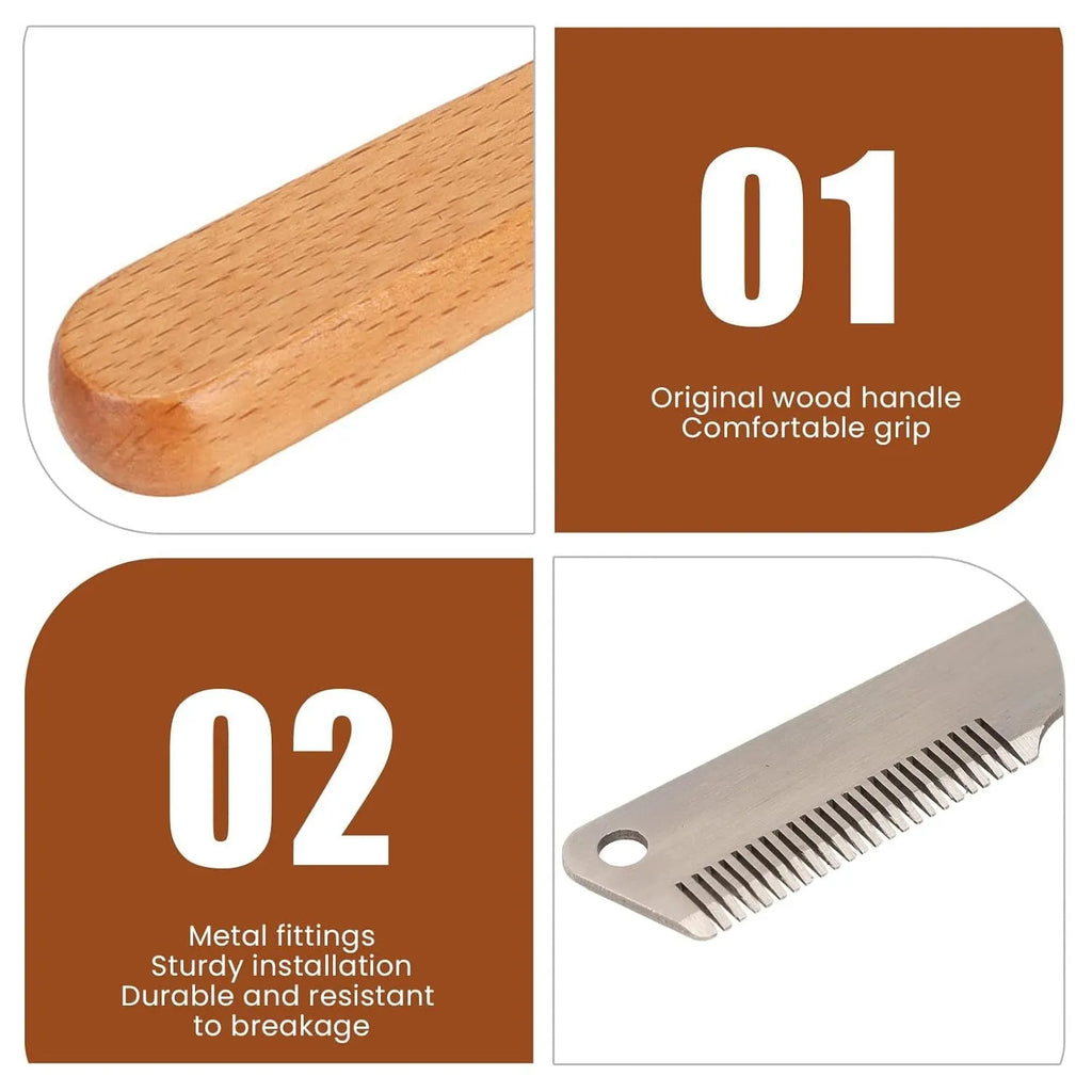Pet stripping comb with wood handle and metal fittings for dog and cat grooming, available in long or short size