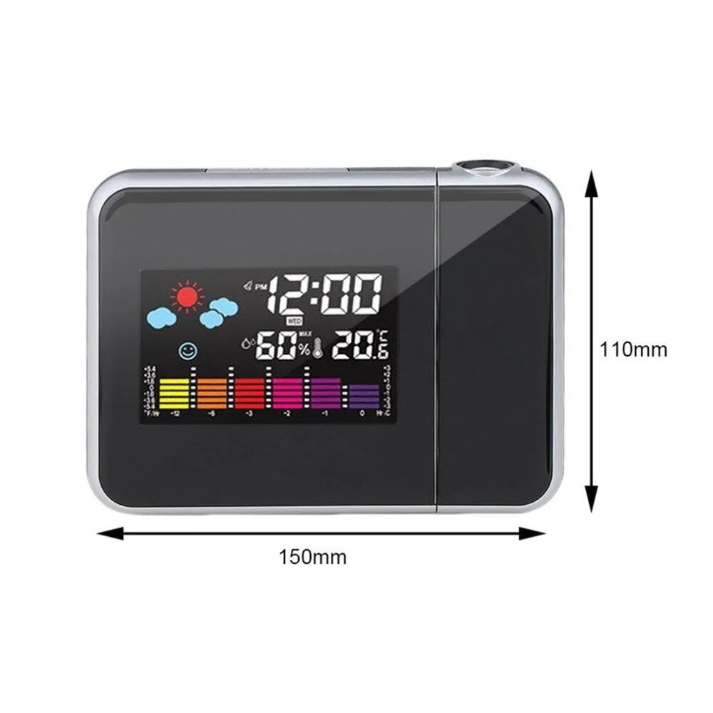Black digital projection alarm clock showing time, temperature and humidity on multicolour LED display