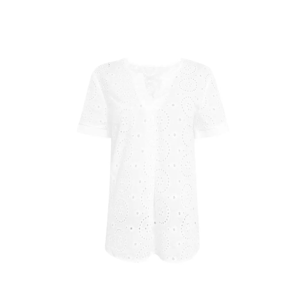 White V-neck hollow-out short sleeve T-shirt with loose casual styling