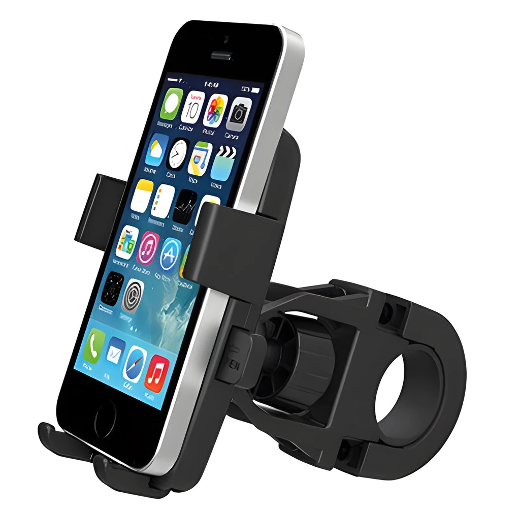 Black ABS plastic bicycle mobile phone holder with a safety strap, mounted on handlebars.