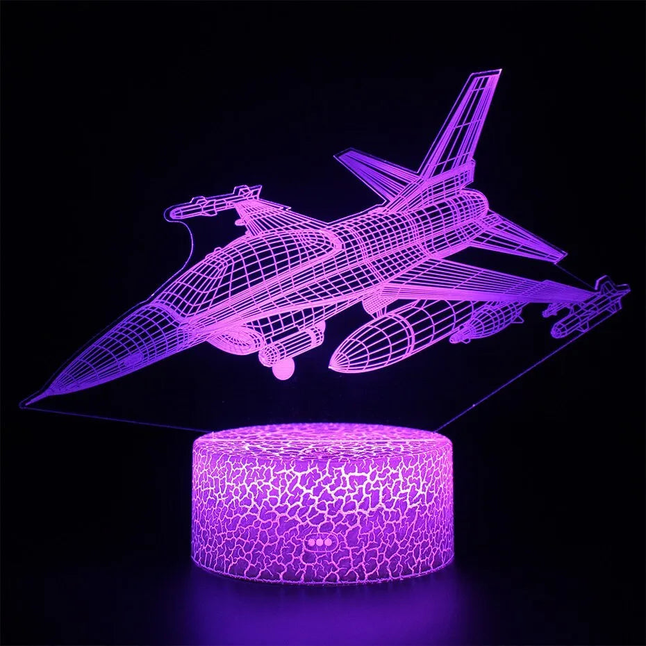Cartoon airplane-shaped acrylic LED night light with a touch switch on a white background.